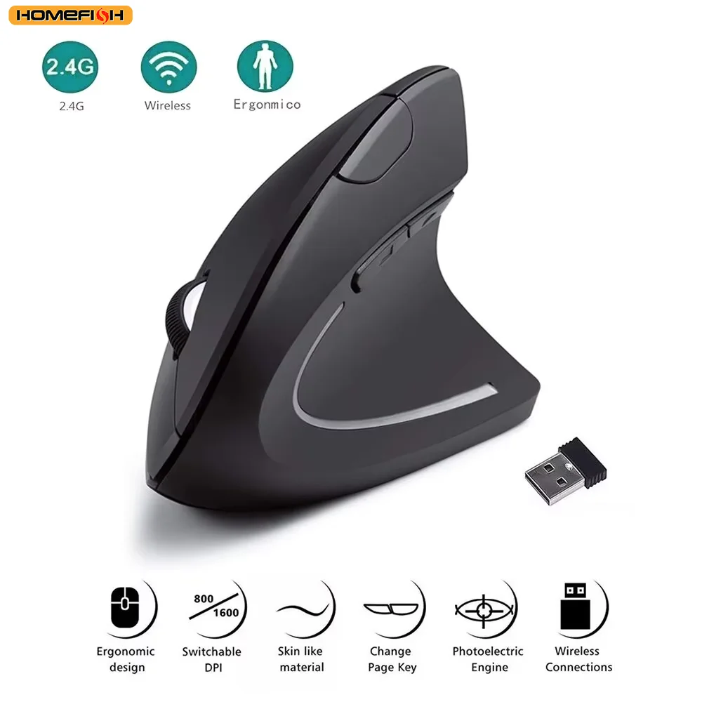 HOMEFISH Vertikale Maus, ergonomische 2,4-GHz-Funkmaus, optische Maus, 3 einstellbare DPI-Werte 800/1200/1600, 6 Tasten für Laptop, PC, Computer Image
