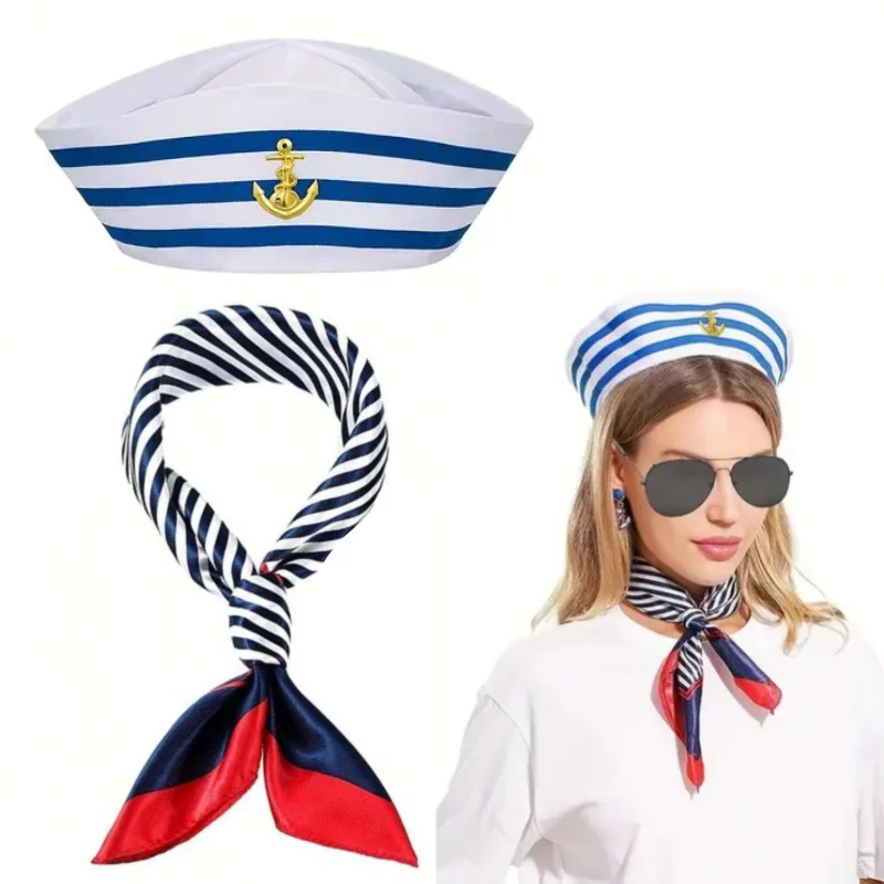 1–5 Sets marineblaues Matrosenhut-Schal-Set, marineblau und weiß gestreifter Kapitänshut, Cosplay, Party, Kostümzubehör, zum Anziehen, Segelhüte Image