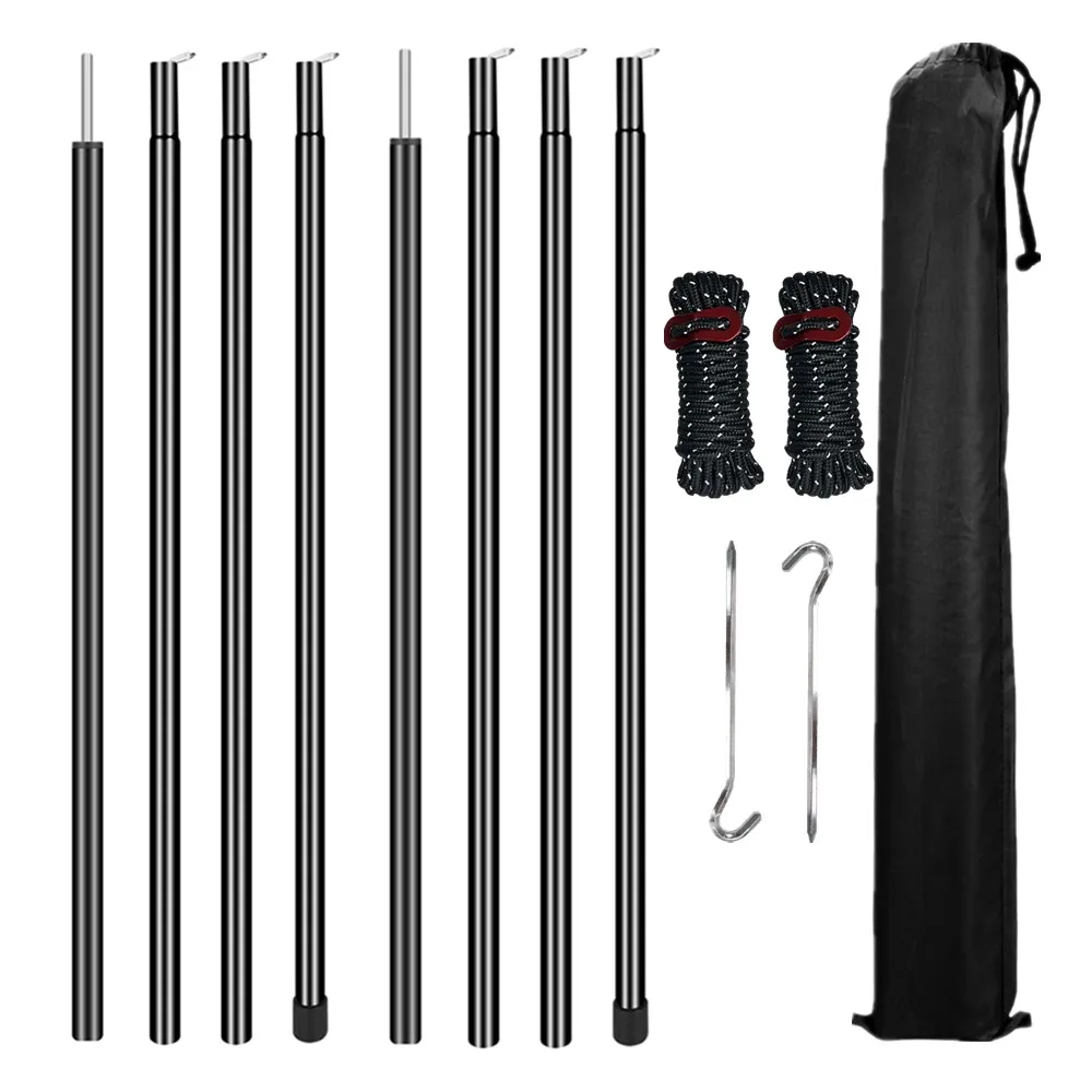 2er-Set Zeltstangen, verstellbare Planenstangen, Stahlstangen für Sonnenschutz, Plane, Überdachung, Camping, Ersatz mit Heringen und Seilen Image