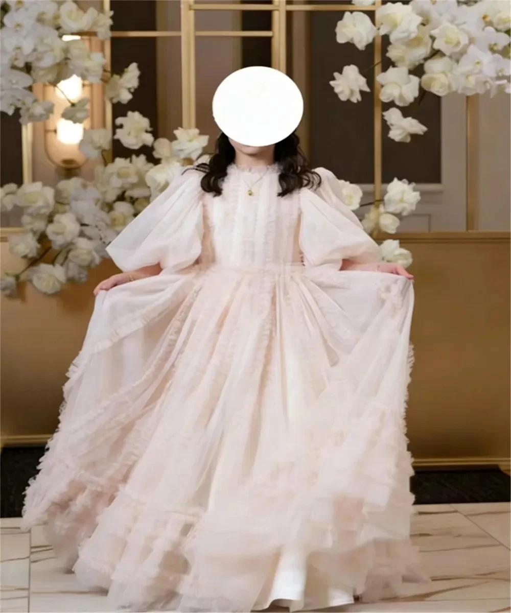 Elegantes maßgeschneidertes Blumenmädchenkleid für die Hochzeit, Puffärmel, knöchellang, Brautjungfer, Geburtstagsfeier, Erstkommunionkleid Image