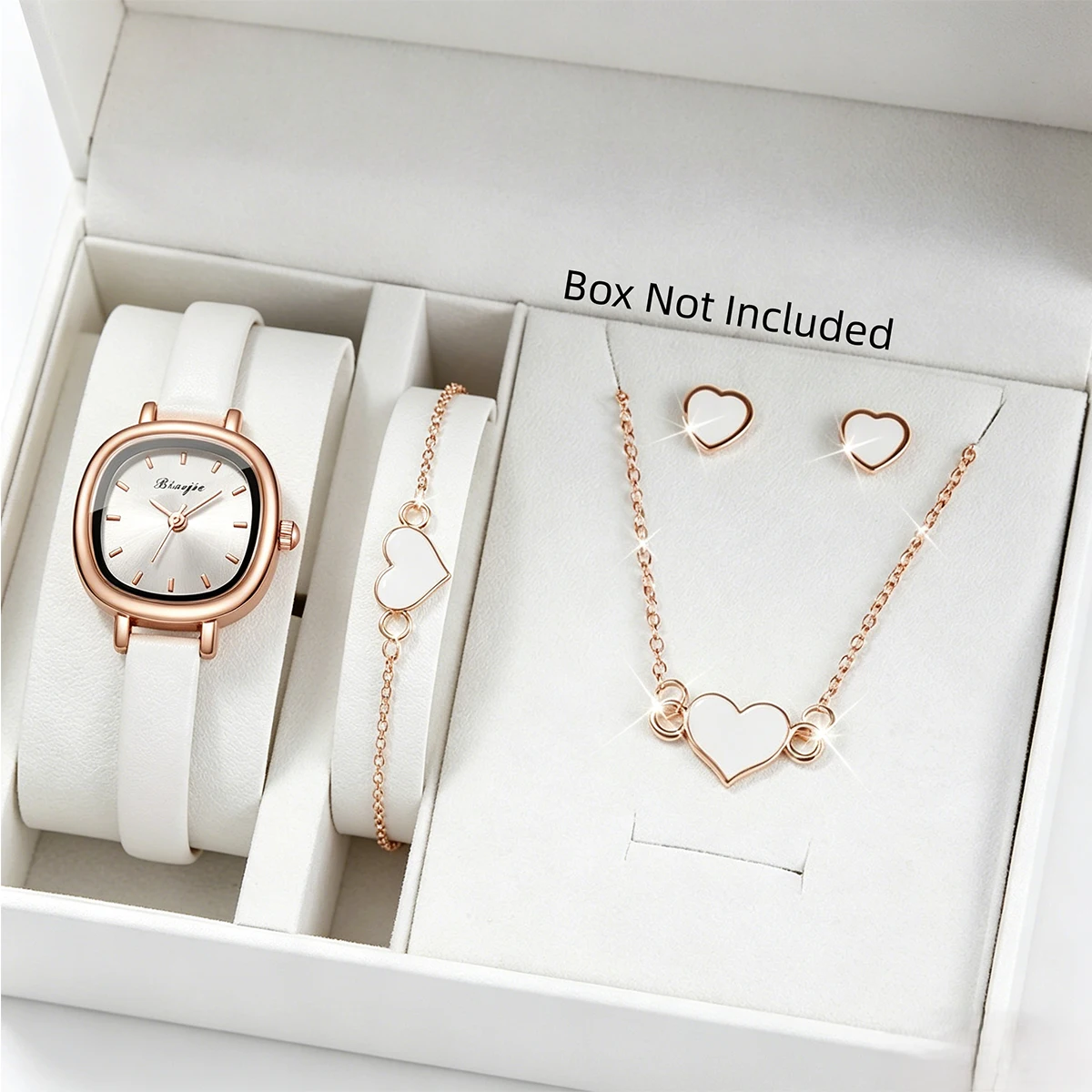5-teiliges Modisches Quadratisches Zifferblatt Damen Quarzuhr Herz-Schmuckset Ultrafeine Lederarmband-Armbanduhren Reloj Mujer (Ohne Box) Image