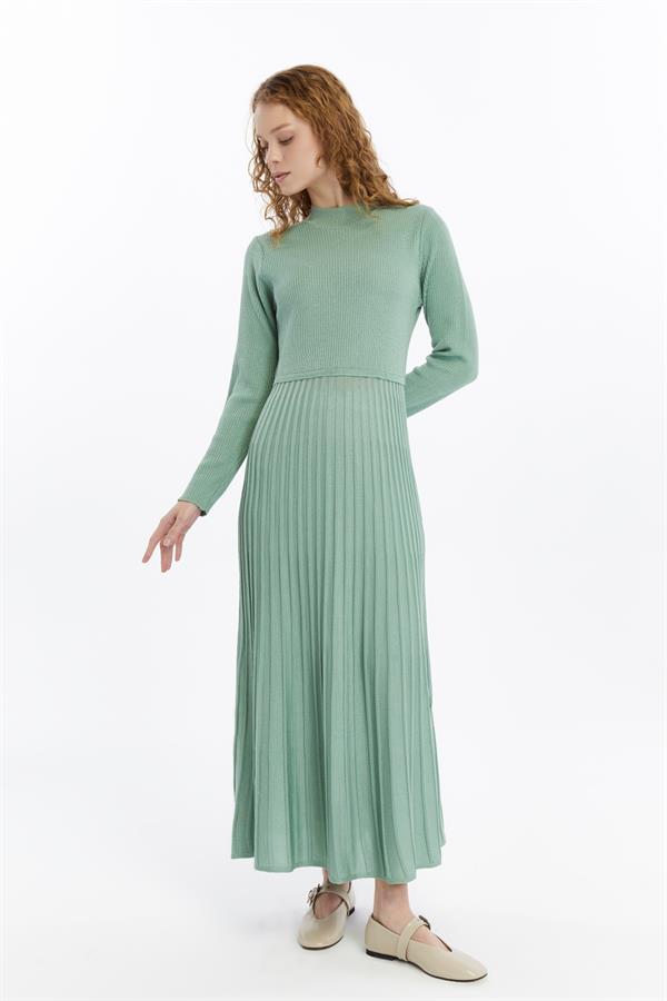Damen Falten Rock, Thin Seasonal Cold Yarn Strickwaren Kleid, Almond Grün