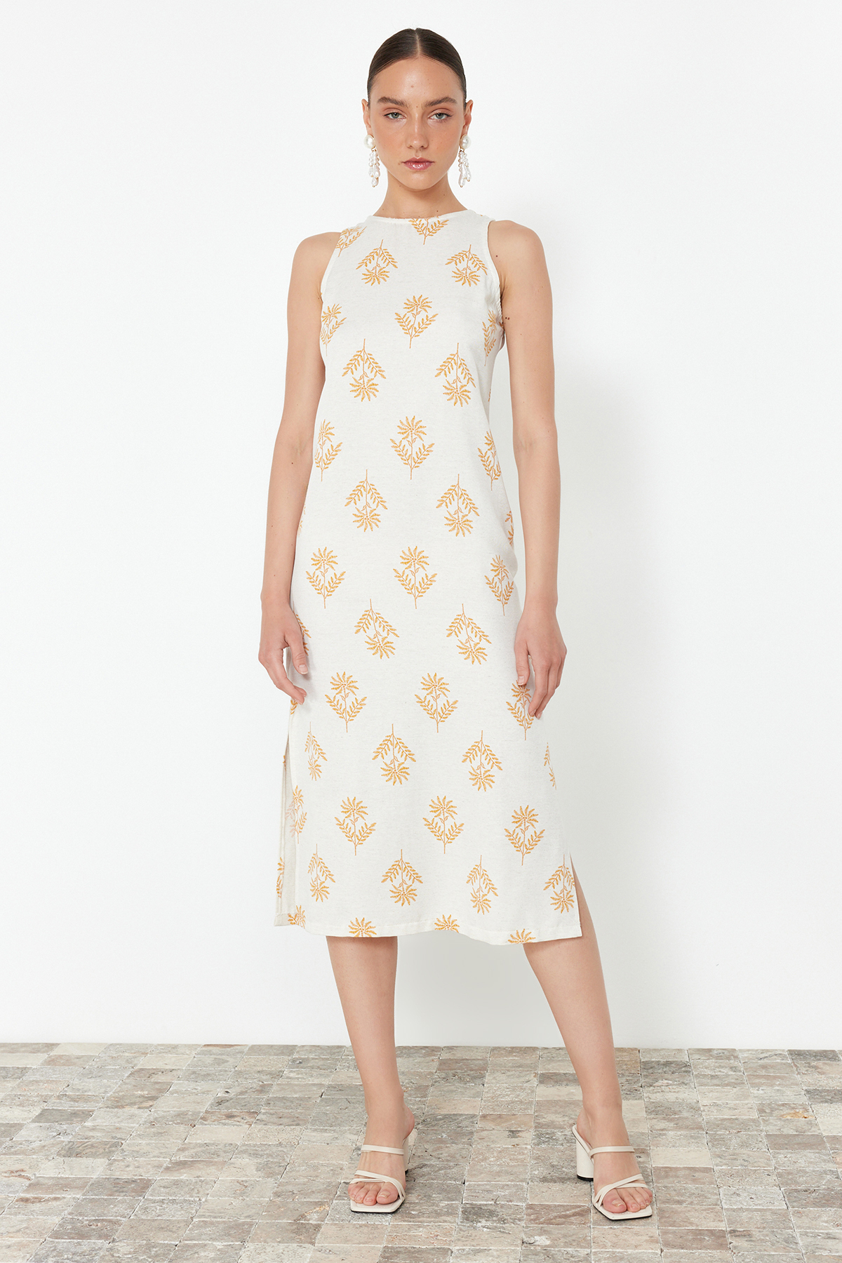 Damen-Midikleid mit Ethno-Muster, Spaghettiträgern, lässig, normale Passform