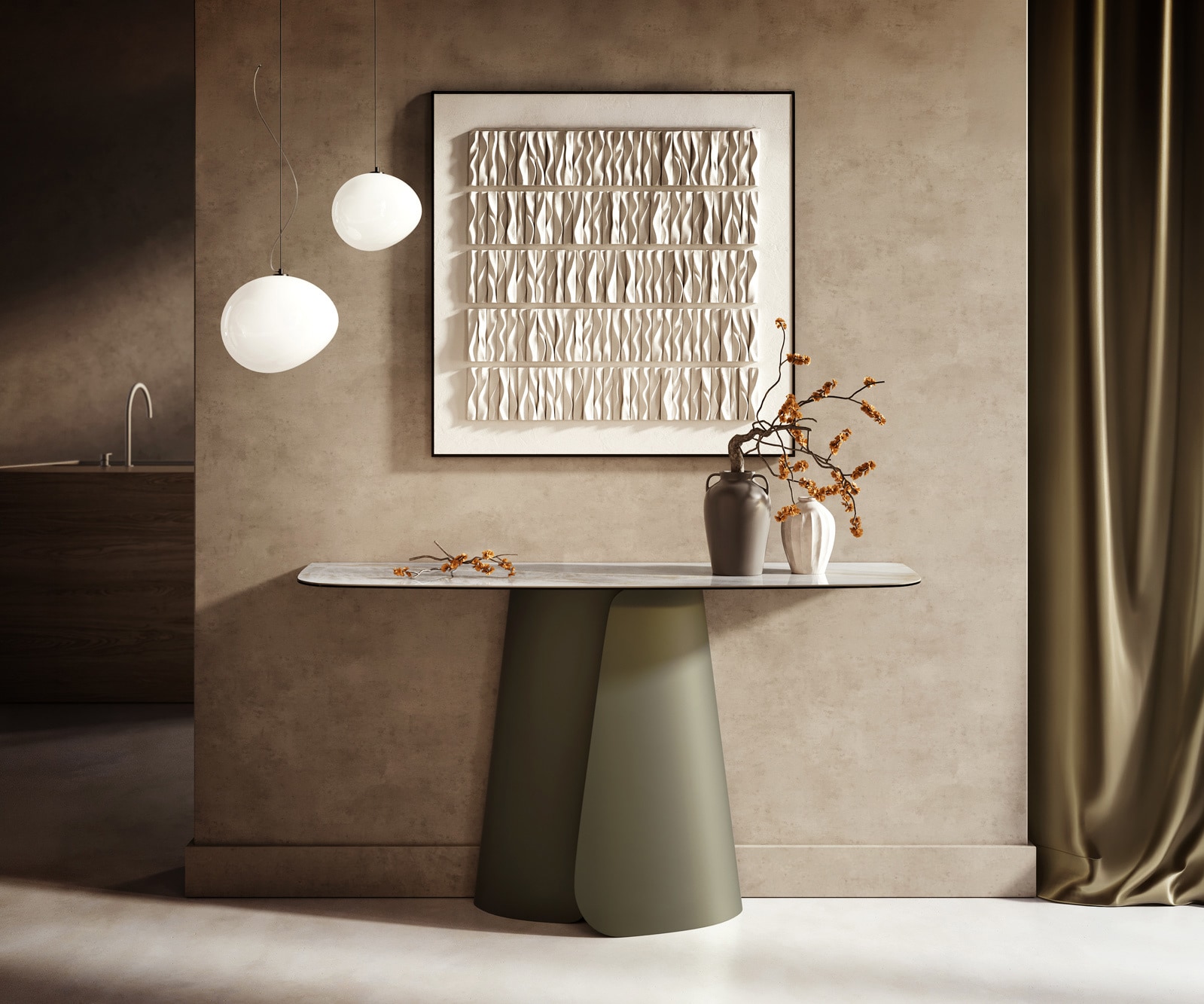 DELIFE Konsolentisch Edge Boot 140x40 cm Keramik Onyx Pearl Livos Metall Effektfinish Titan, Konsolentische Image