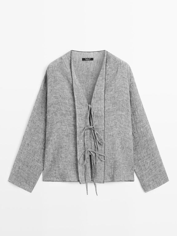 Linen Blend Blouse With Tie Details - Gray - MASSIMO DUTTI Tops