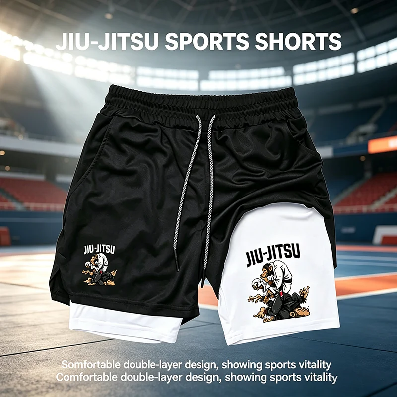 Shorts de compression 2-en-1 pour hommes, imprimé singe Jiu Jitsu, séchage rapide, entraînement en salle de sport, BJJ, shorts de sport avec doublure WX198
