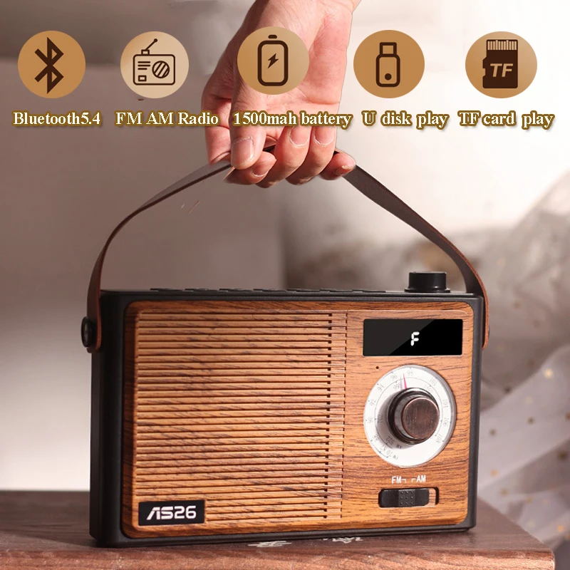 Radio portable vintage avec haut-parleur Bluetooth 5.4, radios de réglage rétro classiques, HiFi sans fil, carte TF, disque U, lecteur de musique MP3, FM, AM