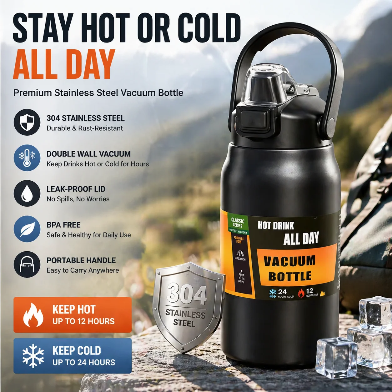 Outdoor-Thermoskanne Tragbare 304 Edelstahl Thermotasse Vakuum-Isolierflasche für Kalte und Heiße Getränke Sport-Wasserflasche mit Strohhalm Image