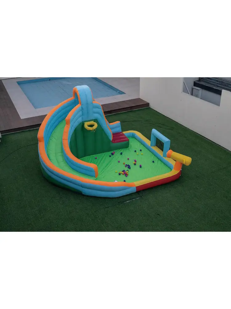 Aufblasbare Wasserrutsche, Aufblasbare Hüpfburg mit Ozeanbällen, Fußball, Kletterwand, Planschbecken für Kinder von 3-12 Jahren Image