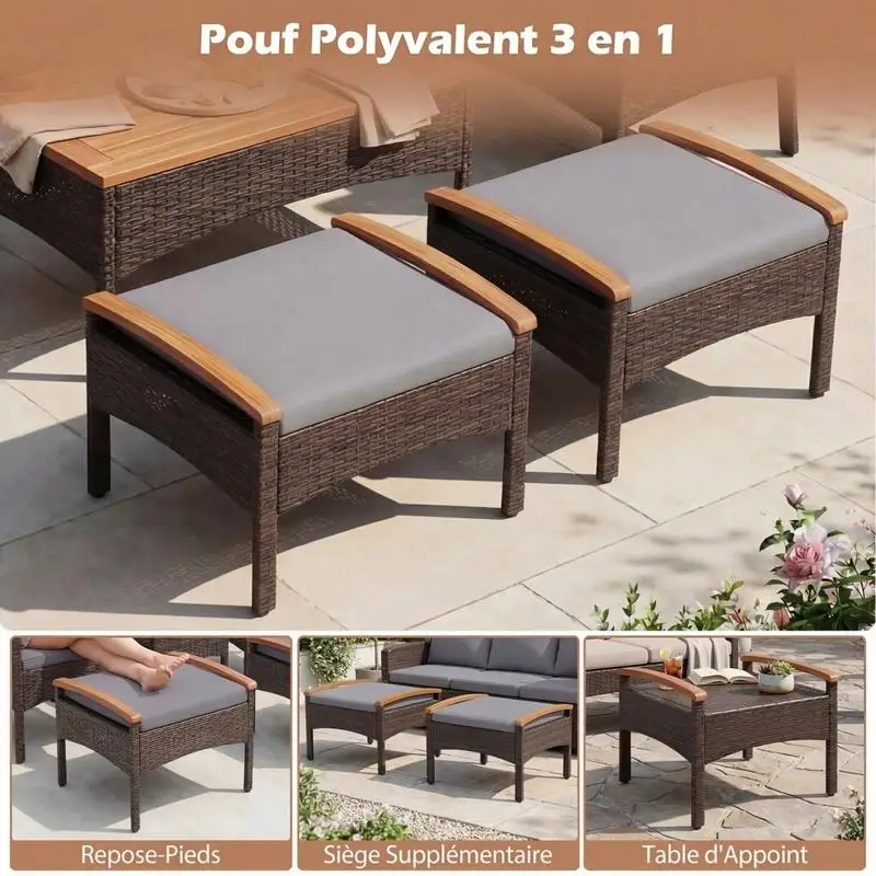 5-teiliges Outdoor-Rattan-Gartenmöbel-Set: 2 Sessel, 2 Hocker und Beistelltisch mit Akazienholzplatte und abnehmbaren Kissen