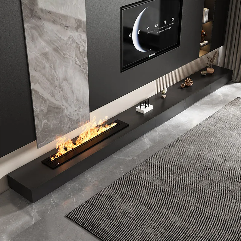 Meuble de rangement décoratif avec tiroirs, meuble de sol avec cheminée intégrée, meuble TV minimaliste en ardoise noire, mobilier de salon de luxe