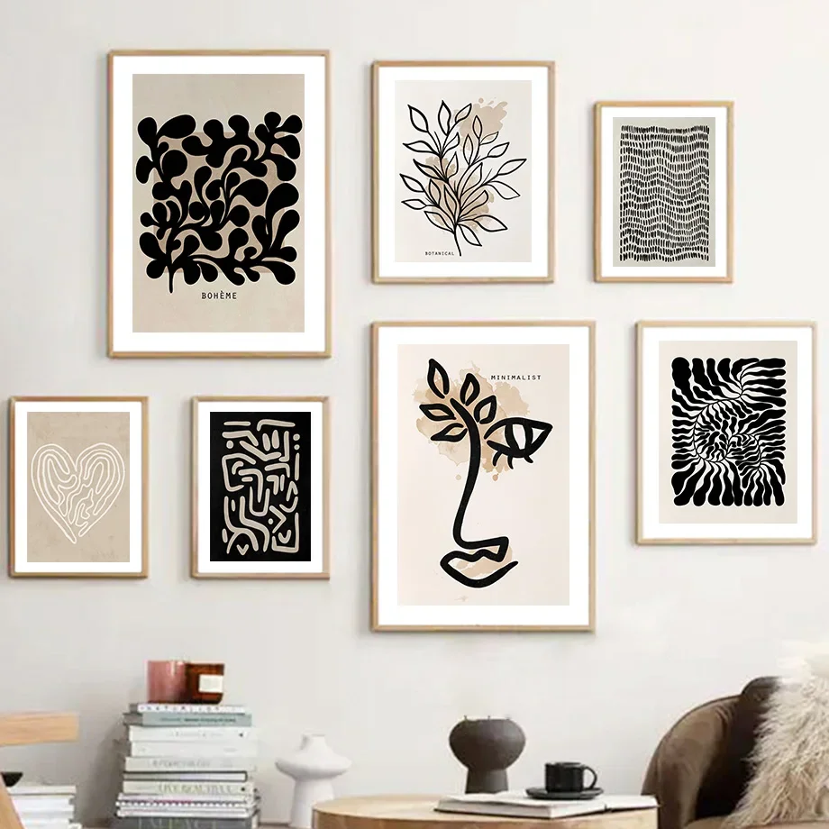 Abstrakte Boho-Blätter, Linien, Gesicht, Herz, Sonne, Poster und Drucke, Leinwandgemälde, nordische Wandkunst, Bilder für Wohnzimmer, Heimdekoration