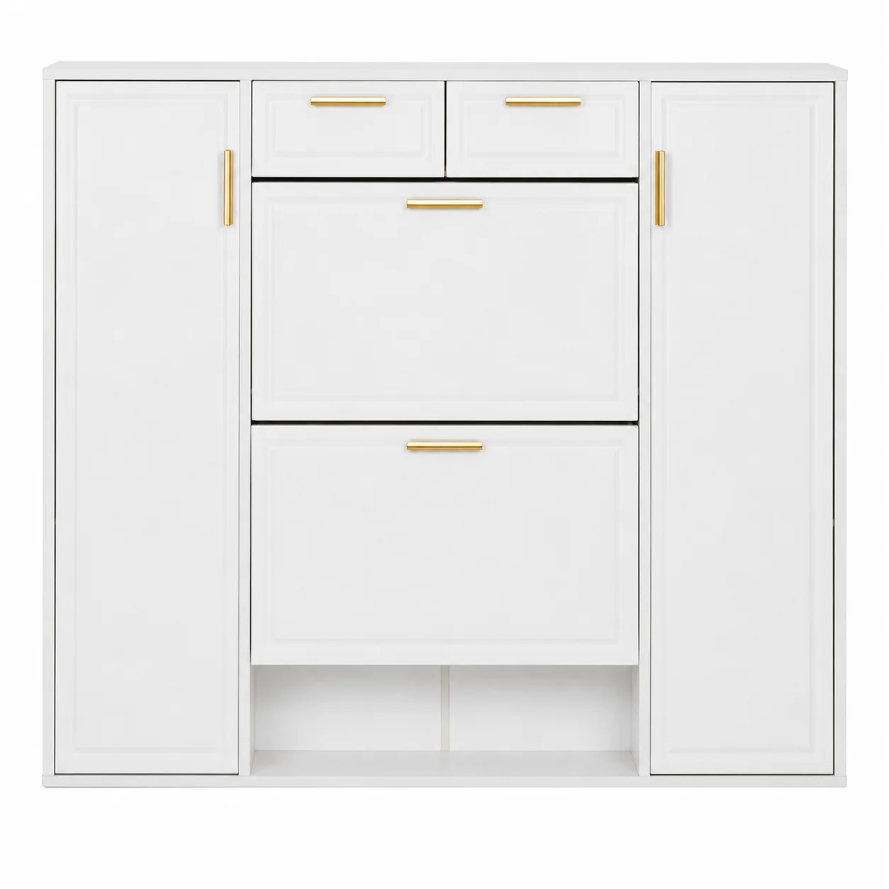 Schuhschrank Melaminbeschichtet, modern, 120 x 24 x 107 cm, Weiß, mit verstellbaren Regalen und goldenen Griffen