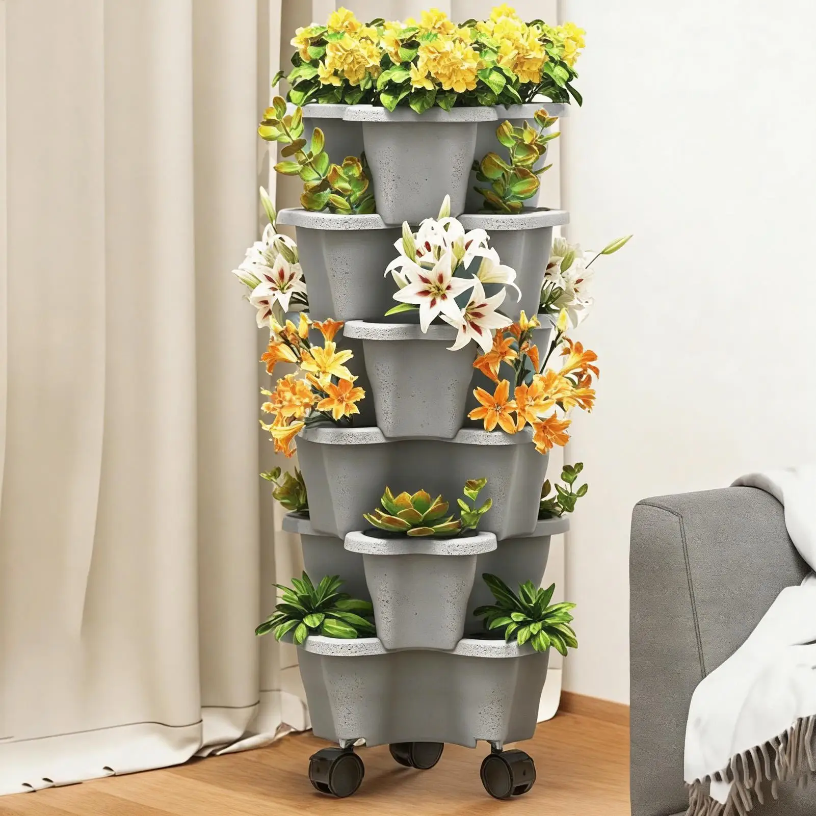 Indoor-Pflanzenturm 6-stöckig Platzsparend mit Rollen Gartentürme für Gemüse für Innen- und Außenbereich Haus Hof Terrasse Hochbeet Image