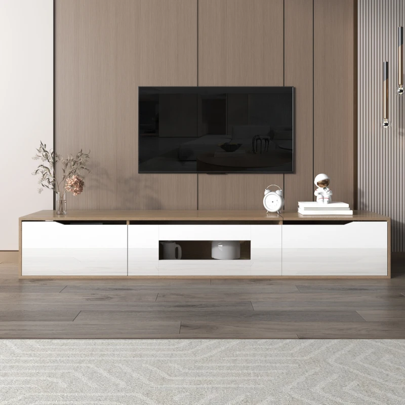 Meuble TV 180 x 35 x 30 cm. Meuble TV brillant avec finition blanc brillant et grain de bois. Ce meuble TV offre plusieurs options de fixation murale.