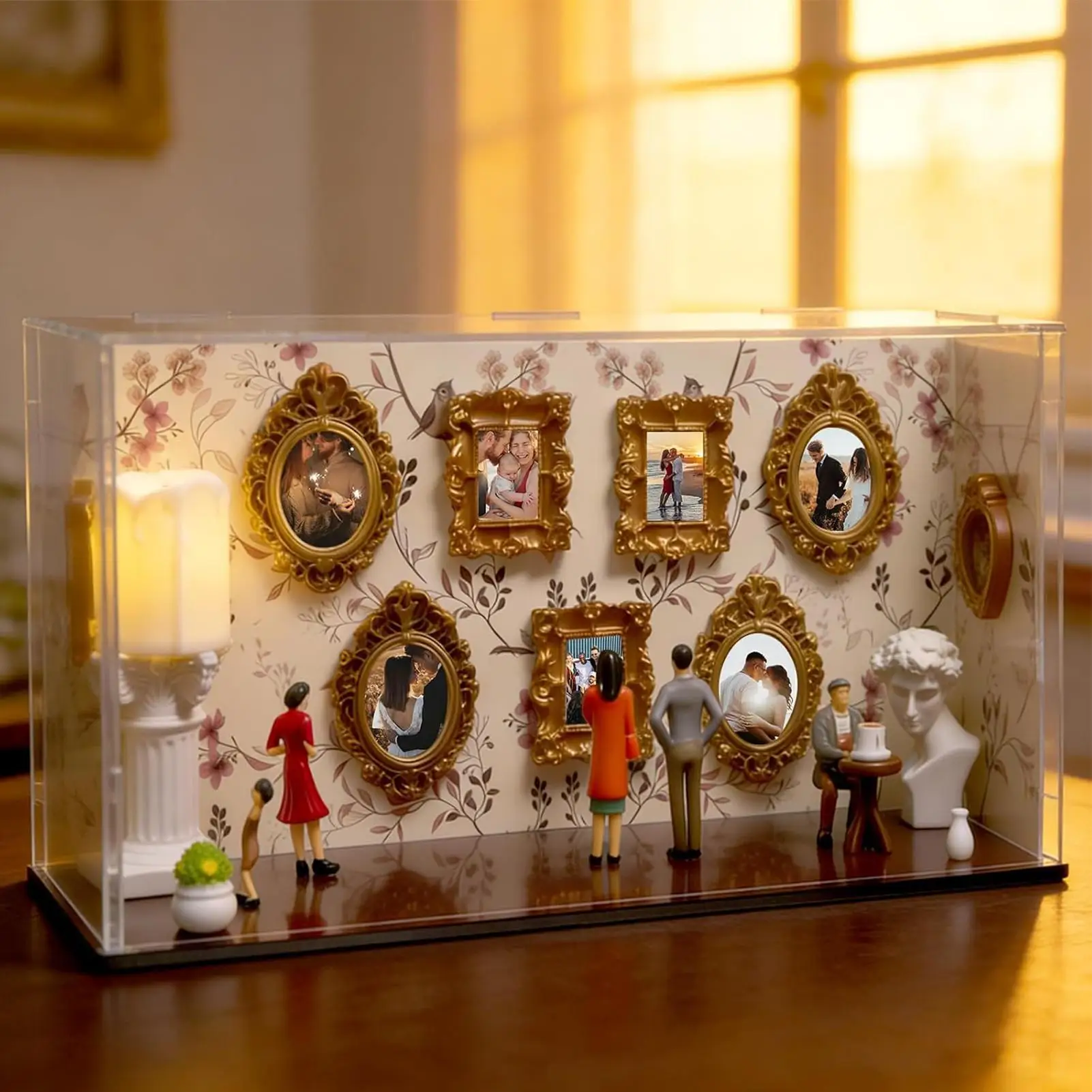 Mini DIY Museum Silhouette 3D Fotorahmen-Set 9 Stück Mini Goldene Bilderrahmen 5 Stück Figuren Miniatur-Museums-Szene Heimdekoration Image