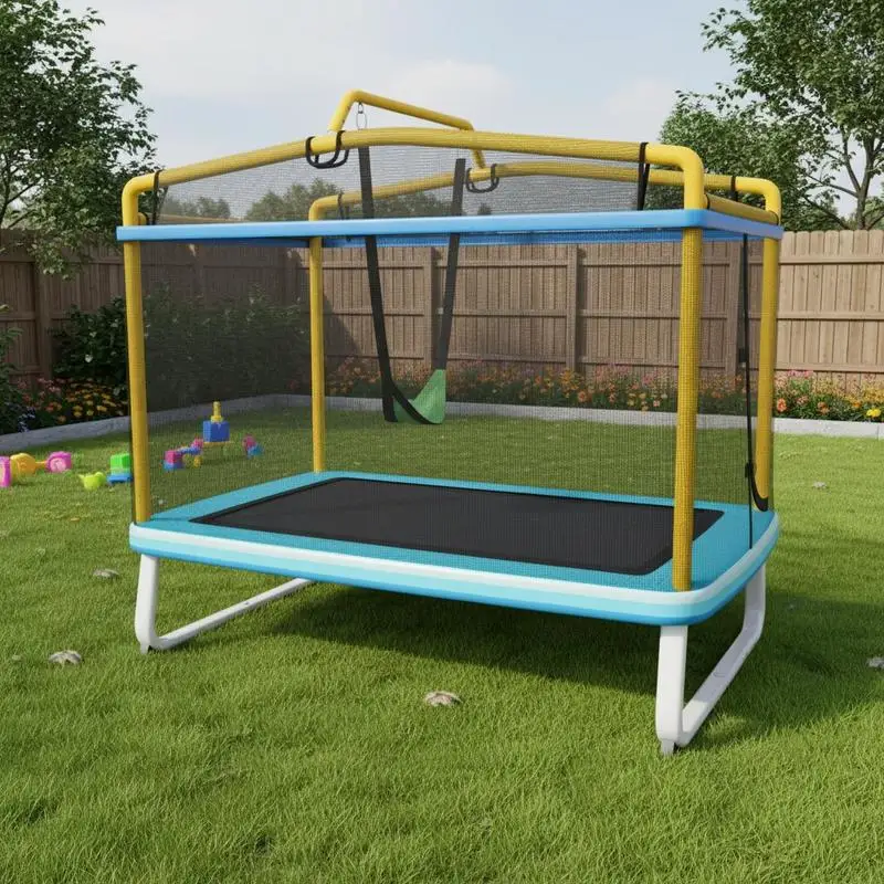 190 cm großes 3-in-1-Rechtecktrampolin für Kinder mit Sicherheitsnetz und Reckstange – Gelb Image