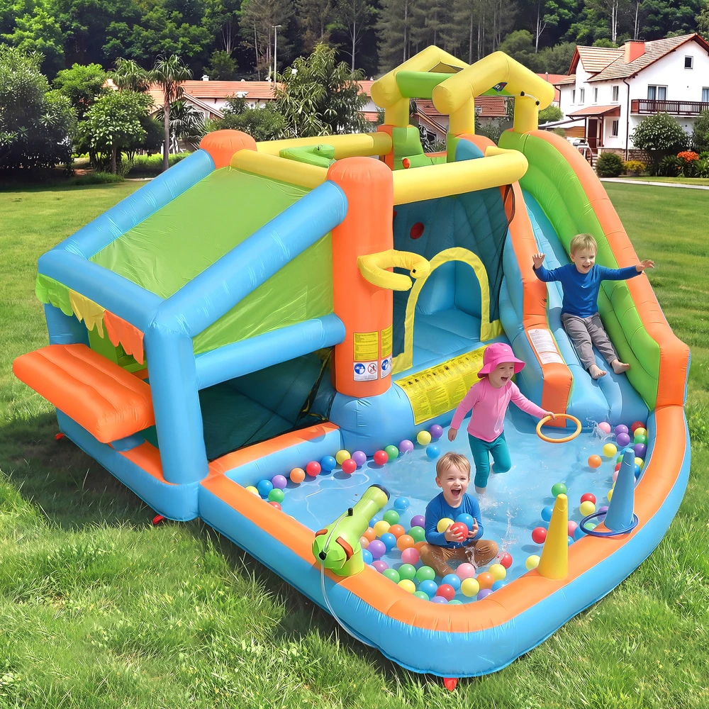 Aufblasbares Kinder-Wasserspielhaus mit Rutsche, Basketballkorb und Spielküche, Oxford-Gewebe, mit Gebläse, 360×350×210cm Image