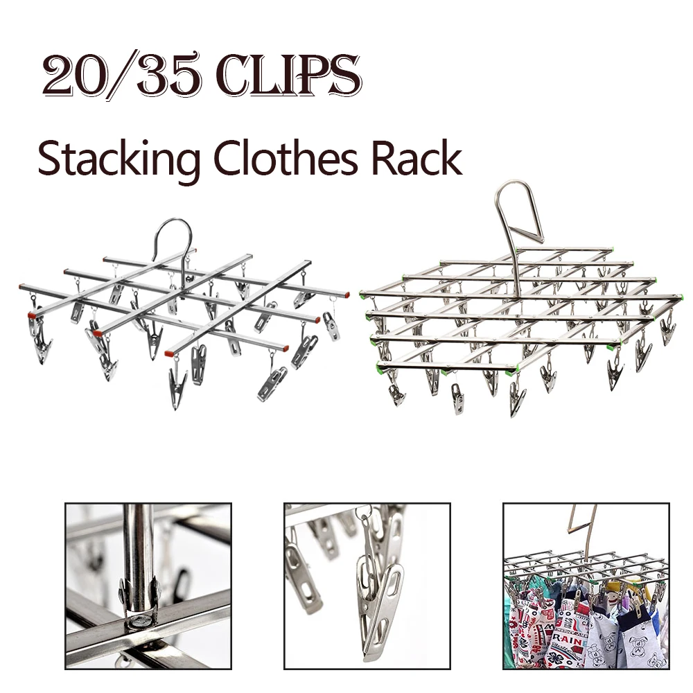 20/35 Clips Klappbarer Wäscheständer aus Edelstahl, winddichter Haken, Teleskop-Kleiderbügel für Socken, Unterwäsche, Babykleidung, Handtücher Image