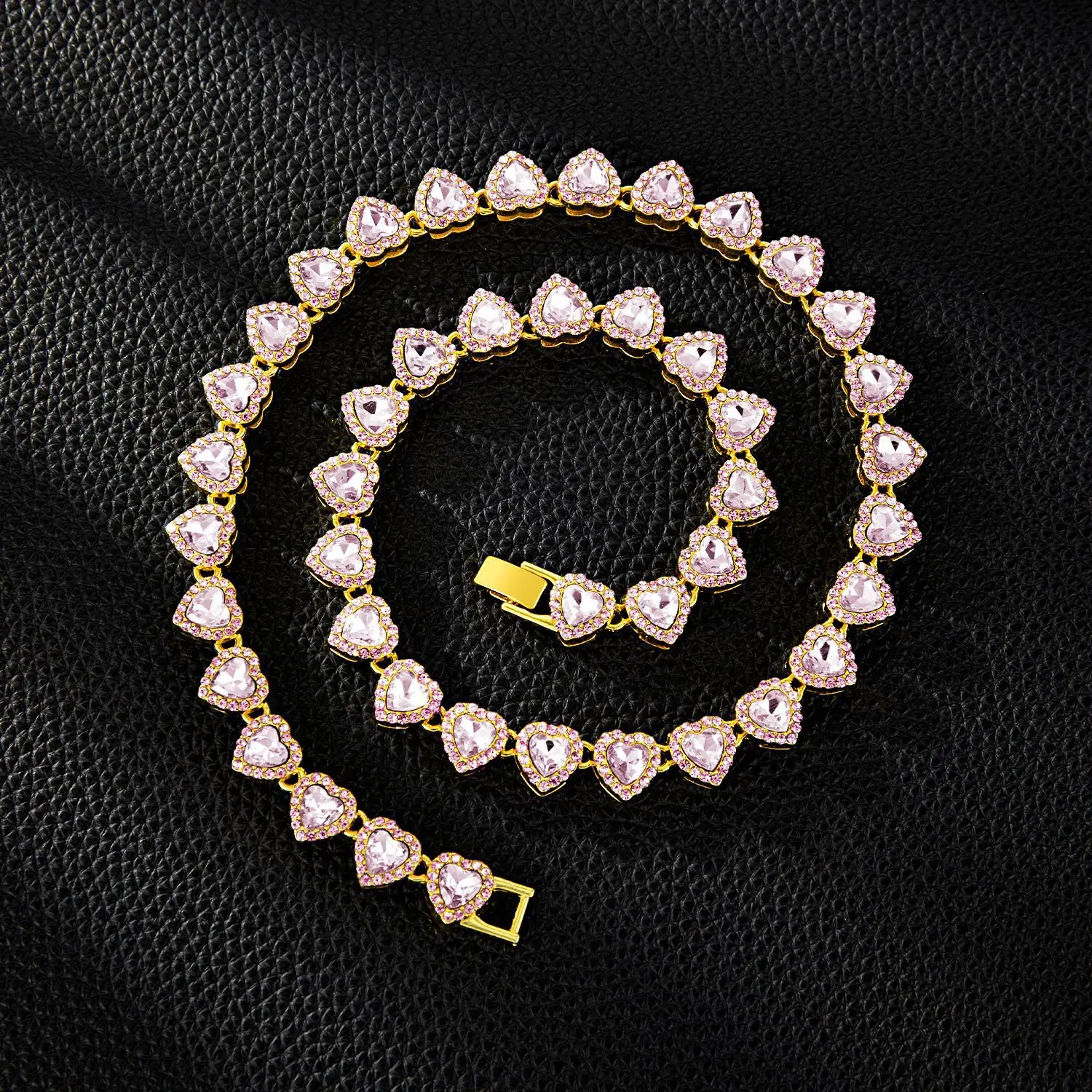 ZAKOL 45/20CM Hip-Hop Rap Tennis-Kette Armband Halskette Glänzendes Rosa Herz Strass CZ Punk Mode Trendiger Schmuck Geschenk