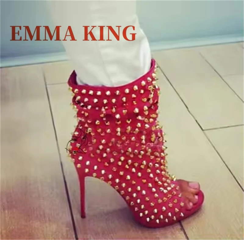 Damen Clubwear Nieten-Stiefeletten mit Nieten, offener Zehenbereich, Stiletto-Absätze, Spike-Schuhe, Damen, elegante Party, Tanz, modische Stiefel, Größe 44