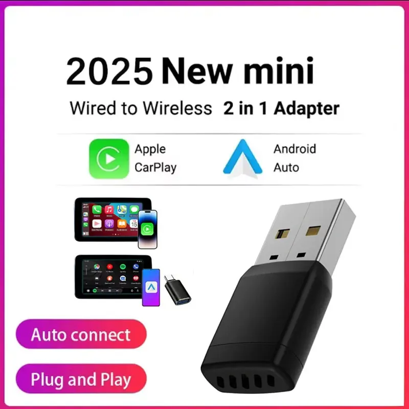 2-in-1 Kabelloser CarPlay Android Auto Adapter USB-Dongle BT 5.3 WiFi 6 Plug-and-Play Automatische Verbindung für Autos mit Kabelgebundenem CarPlay Image
