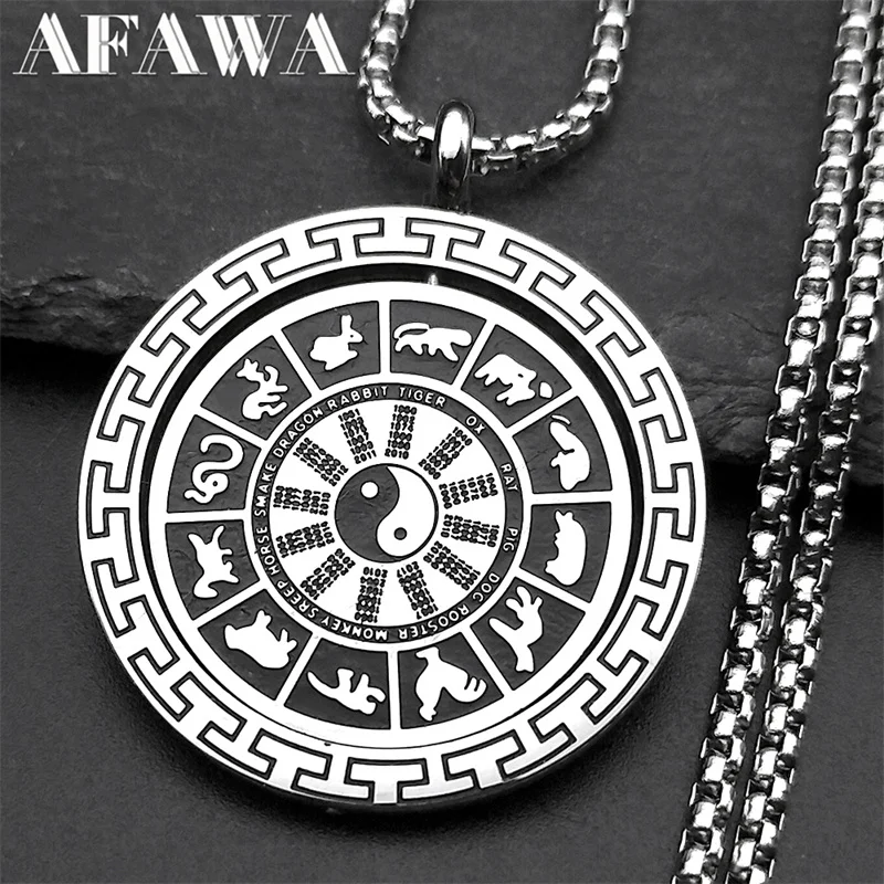 Rotierende chinesische 12-Sternzeichen Tai Chi Bagua Anhänger Halskette für Männer Frauen Edelstahl Taoismus Symbol Amulett Kette Schmuck Geschenk Image
