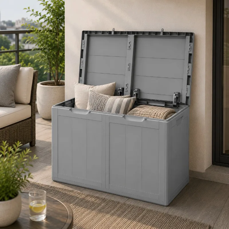 Bac de rangement de jardin gris, 180 L, finition imitation bois PP, idéal pour patio, balcon et jardin, rangement extérieur spacieux pour fournitures de jardin et coussins