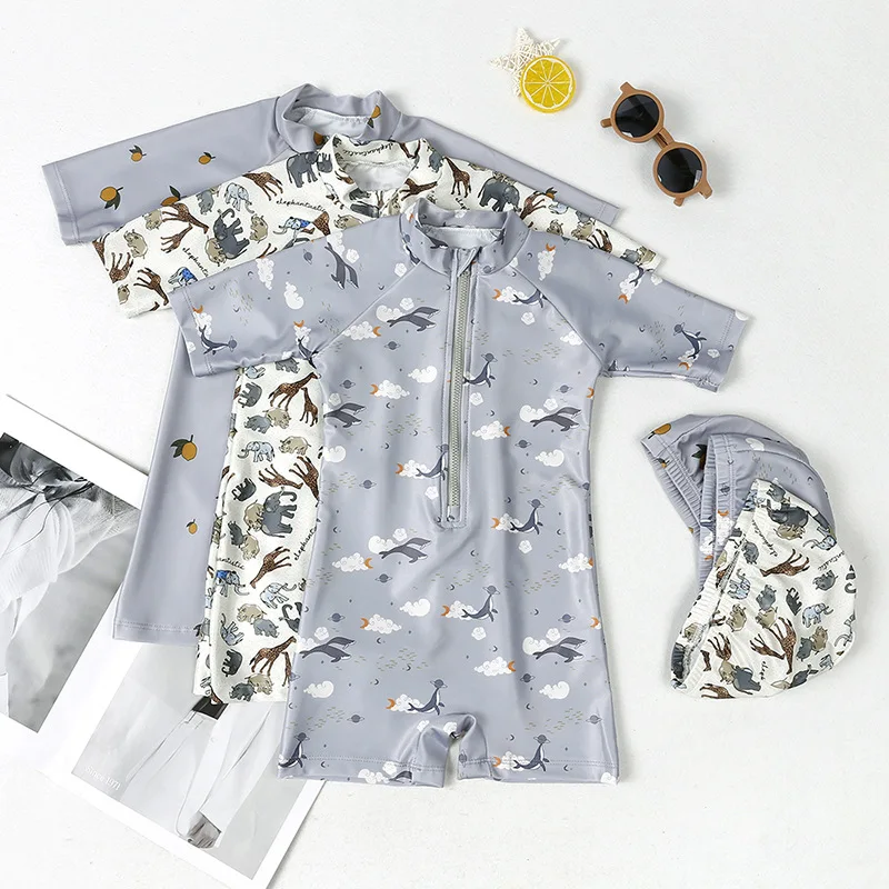 1-7 Jahre Sommer Kinder Jungen & Mädchen Badeanzüge mit Hut Urlaub Strand Reißverschluss-Overall Kleinkinder-Sets Modische Kinder-Surfanzüge Image