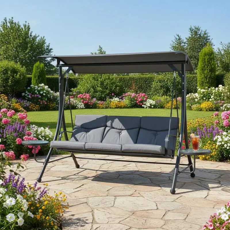 Hollywoodschaukel 3-Sitzer Gartenschaukel Schaukelbank mit verstellbarem Sonnendach Teetisch Stahl Polyester Grau+Schwarz 271
