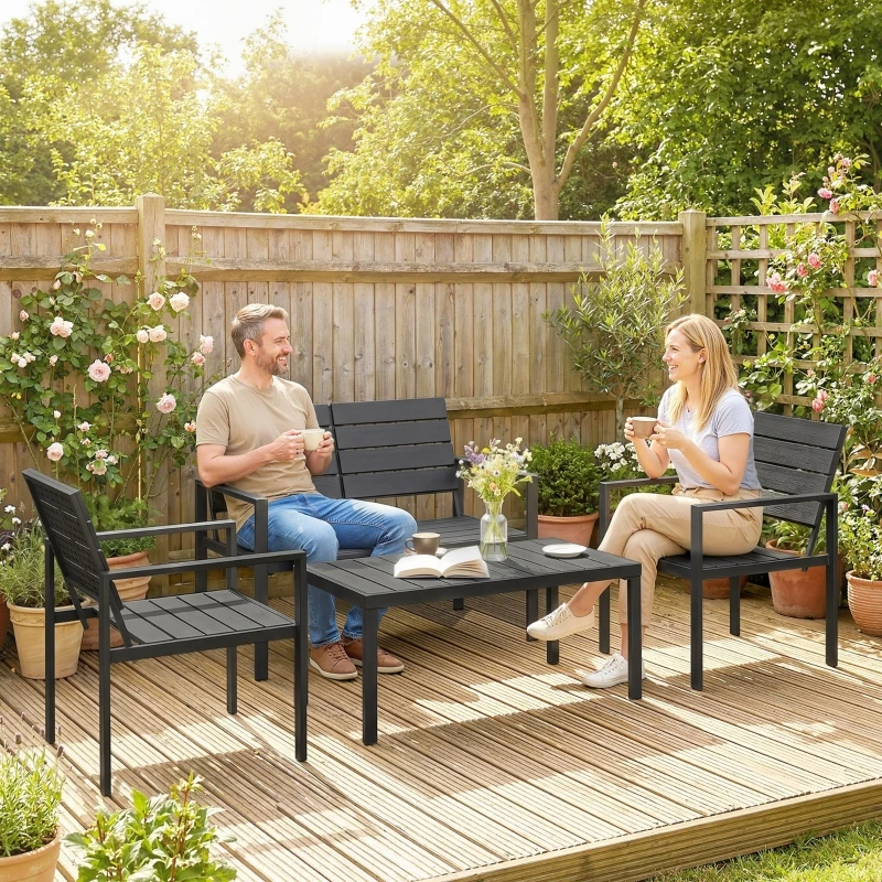 Ensemble de mobilier de jardin pour 4 personnes – Salon de jardin avec canapé 2 places, 2 fauteuils et table d'appoint, design à lattes – Noir pour terrasse et jardin