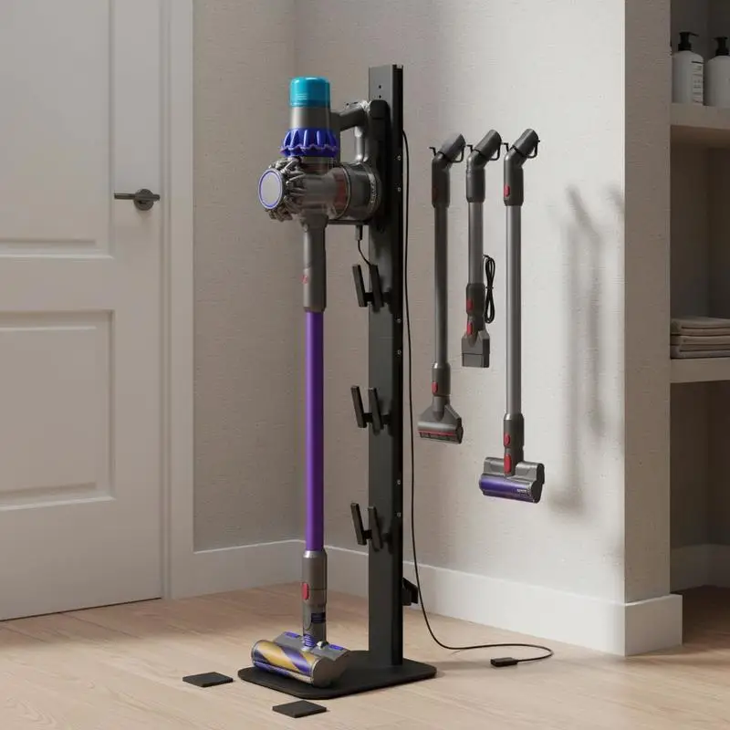 Staubsaugerhalterung für Dyson G5, V15, V12, V11, V10, V8, V7, V6, Vertikaler Staubsaugerhalter mit Stabilem Aufbewahrungsfunktion, Zubehör, 6 Haken und Rutschfeste Unterlagen, für Enge Räume, Schwarz Image