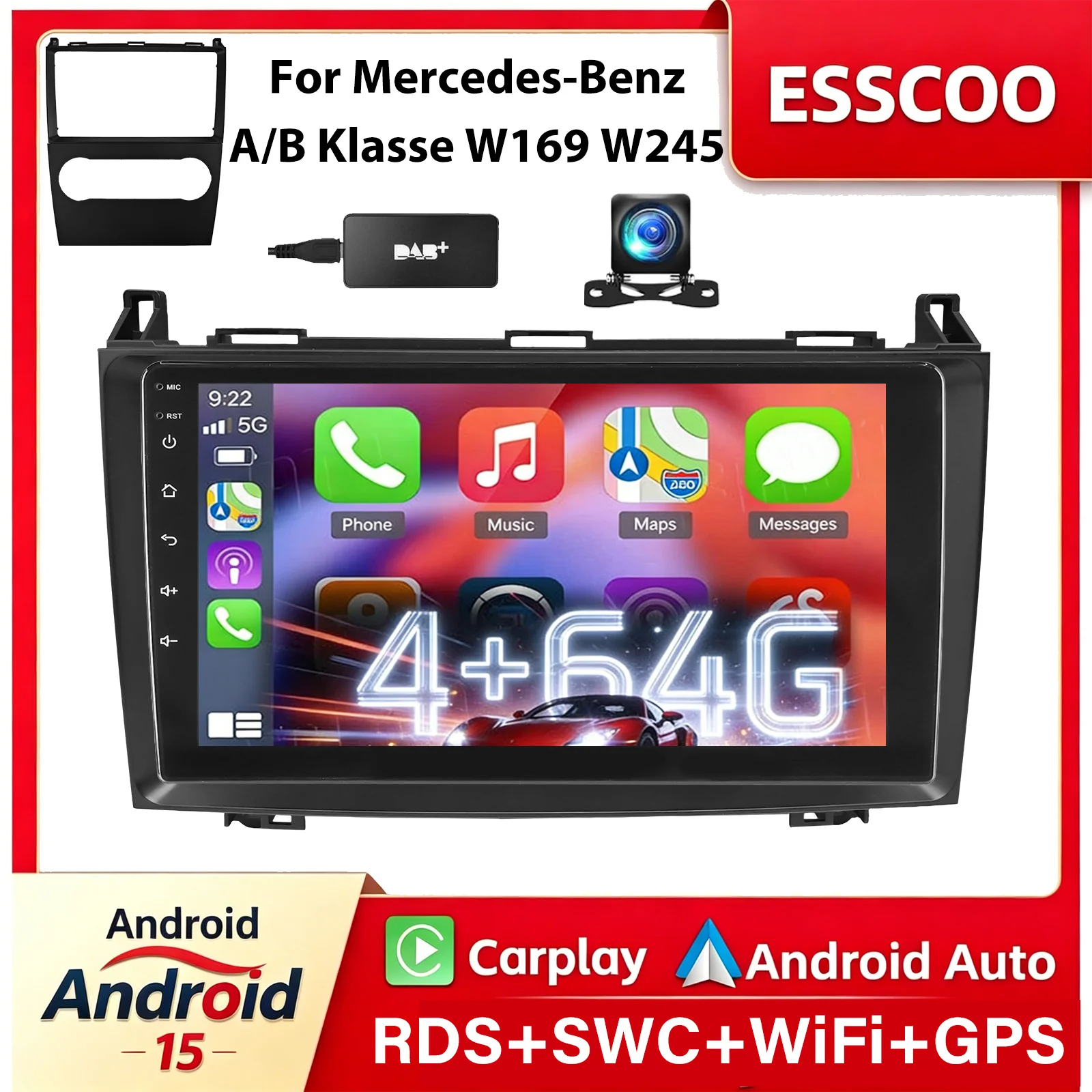 ESSGOO 6GB+128GB 9 Zoll Android 15 4GB+64GB Autoradio für Mercedes-Benz B200 A-Klasse B-Klasse W169 A160 A180 A200 A220 2009-2012 Navigation GPS 4G WiFi Unterstützung RDS AM/FM SWC Mit CANBUS Optional Image