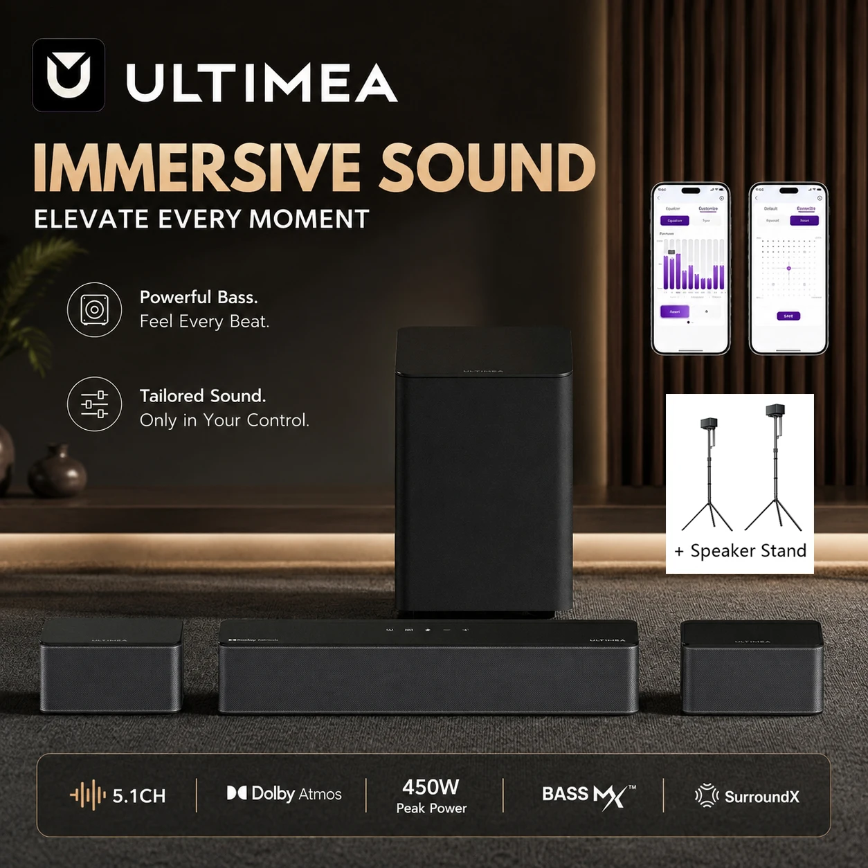ULTIMEA 450W 5.1-Kanal Soundbar mit Dolby Atmos, 5,25-Zoll Kabelloser Subwoofer & 2 Rücklautsprecher, Surround-Sound-System, BassMX ™ App-Steuerung Image
