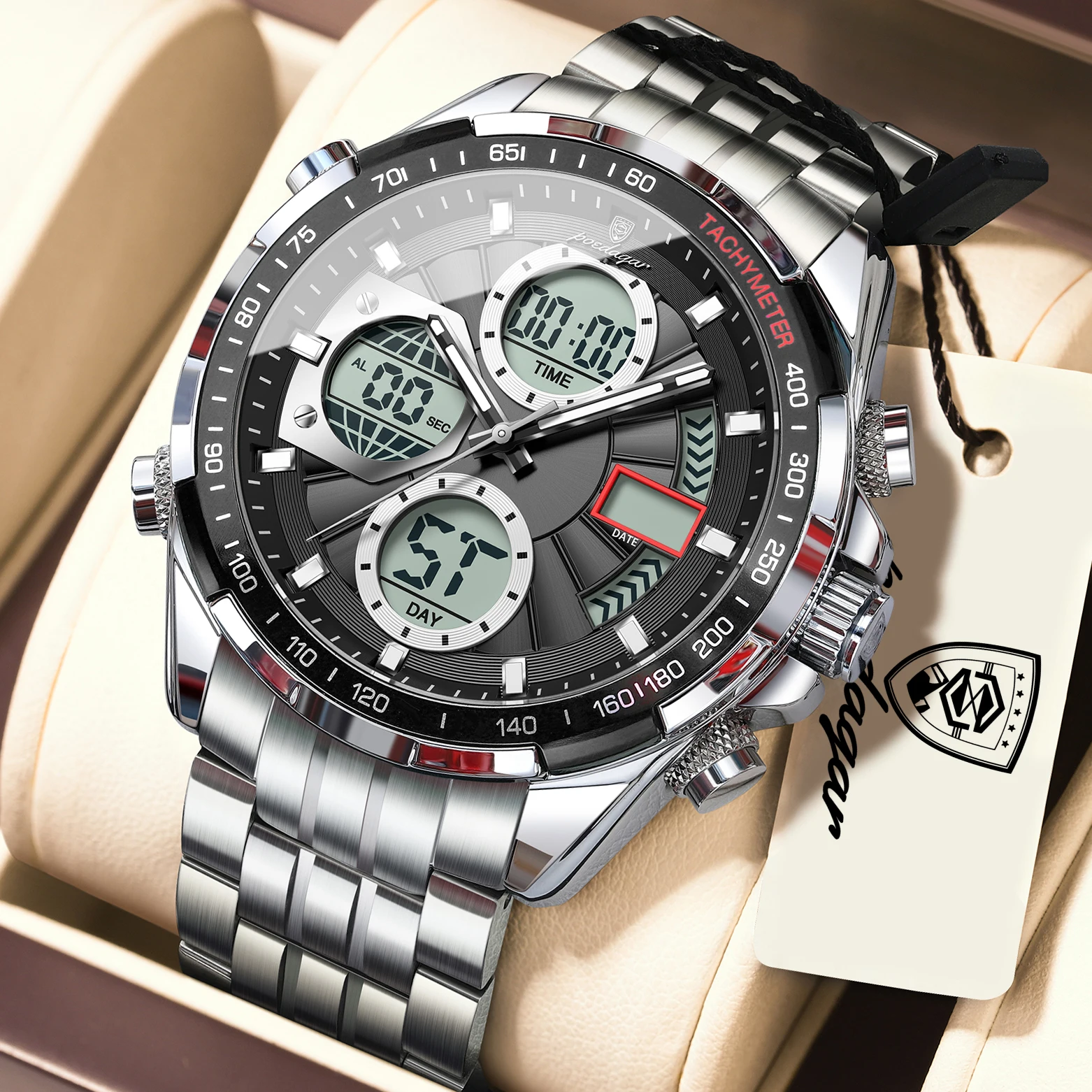 POEDAGAR Hochwertige Elektronische Herren-Armbanduhr Wasserdichte LED Herren-Quarzuhr Edelstahl Dual-Zeit Digital Herrenuhr Image