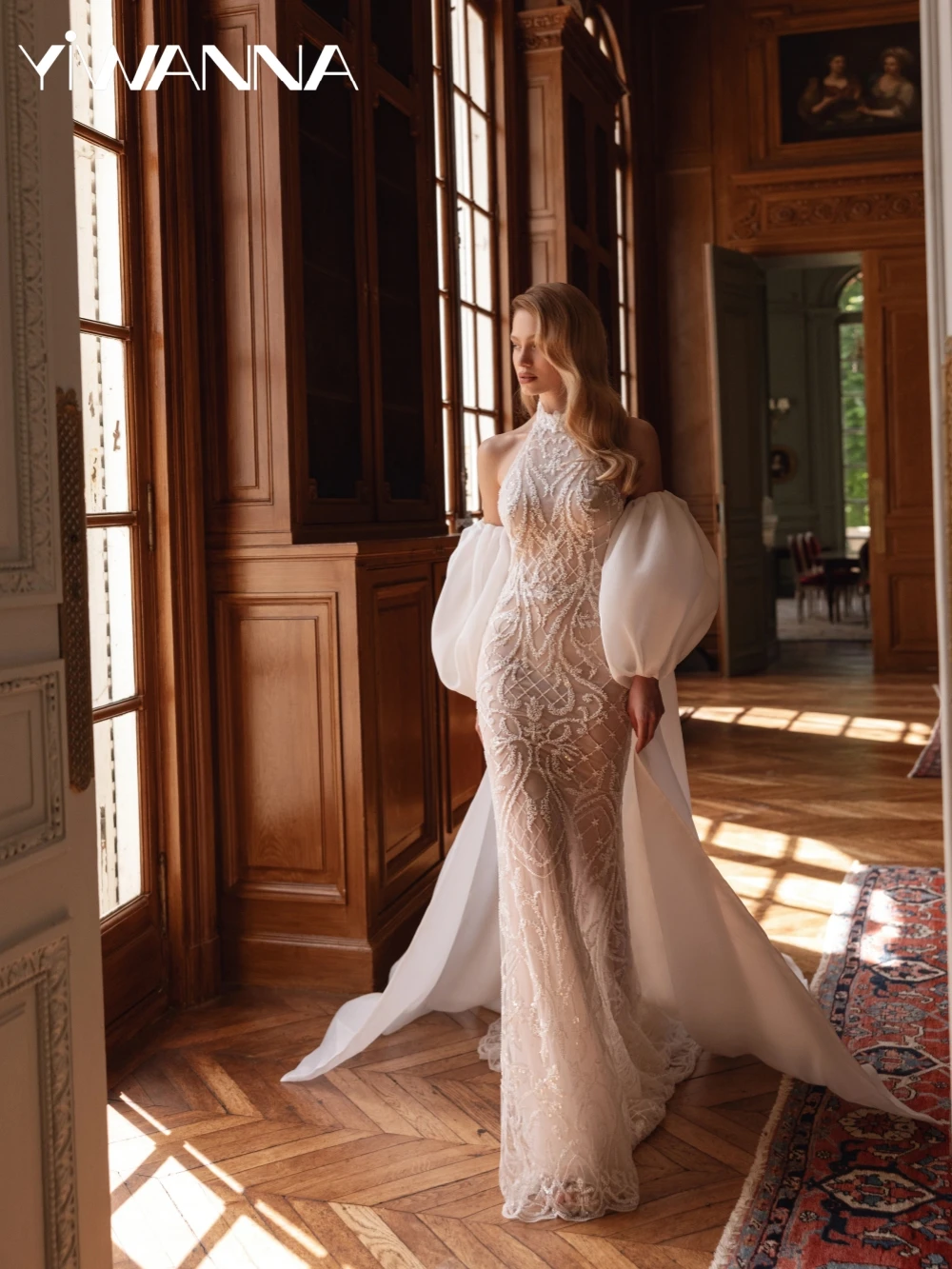 Embroidery Beaded Lace Mermaid Long Wedding Dress With Shawl Elegant Halter Bridal Gown Customized Illusion Dresses For Bride