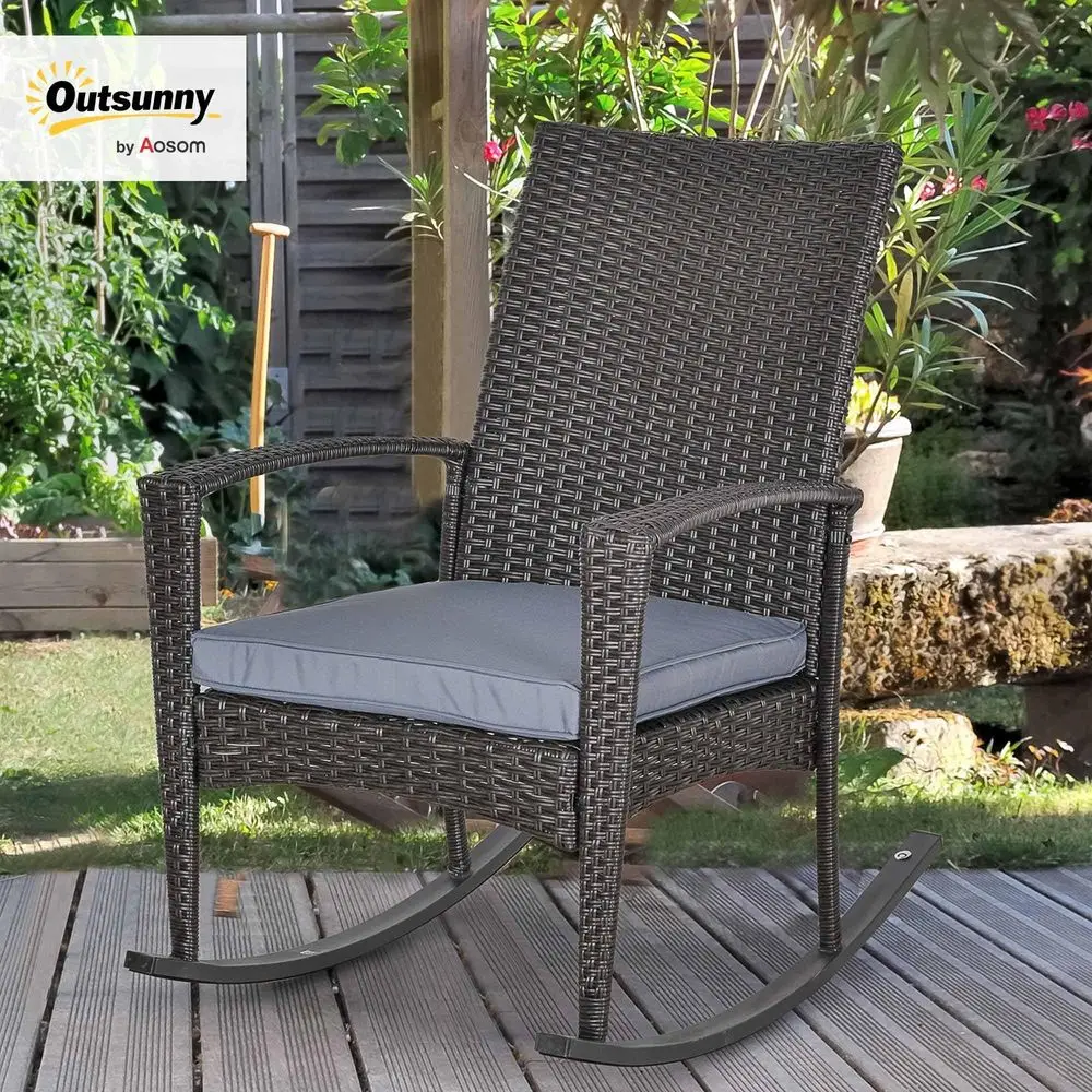 PE Rattan Garden Rocking Chair, Outdoor Rocking with Cushion, 160 KG Capacity Wicker Garden Armchair Rocker with Metal Frame fo