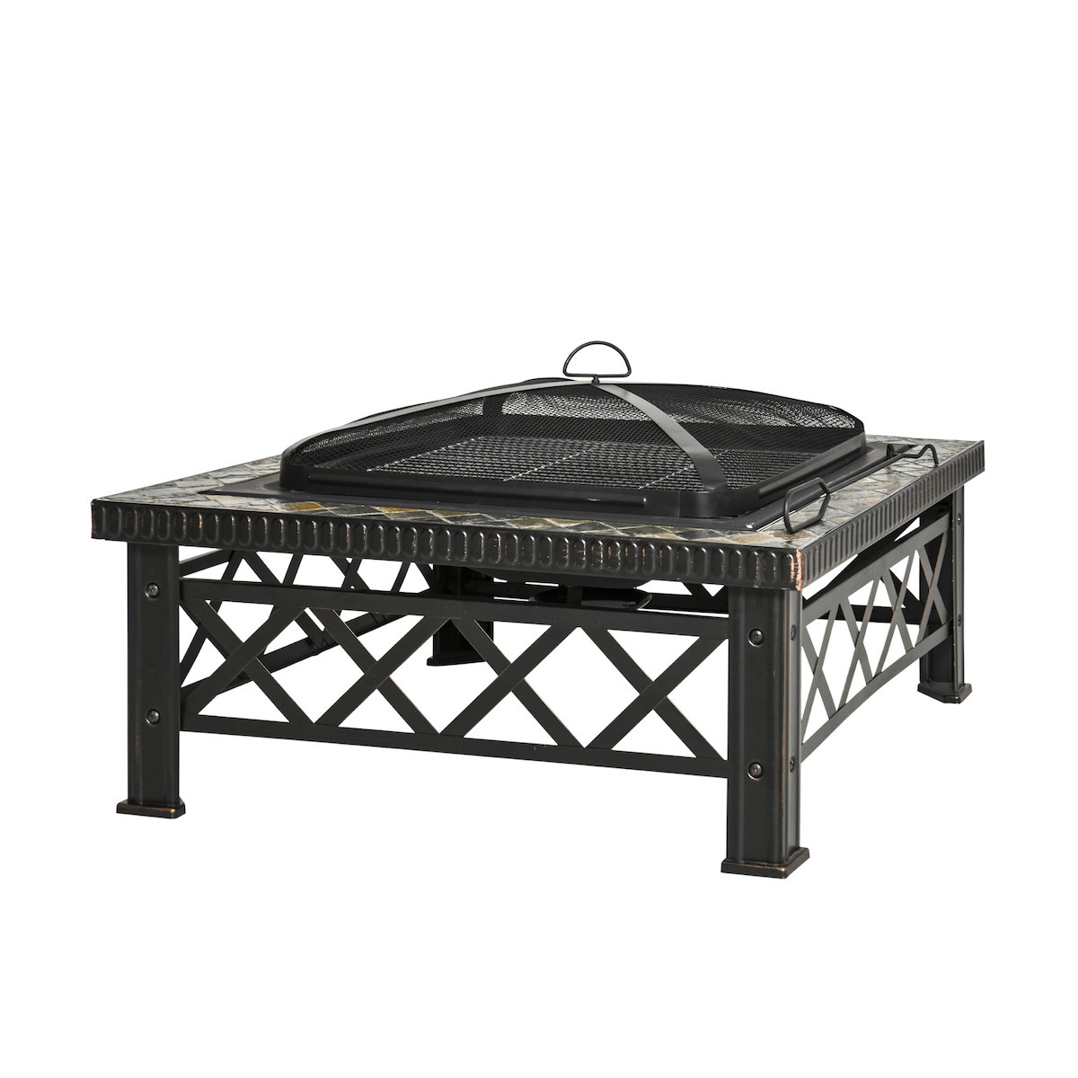MODFU Feuerschale Stahl Schwarz 76x76x47 cm mit Funkenschutzdeckel, Grillrost und quadratischer Form Image