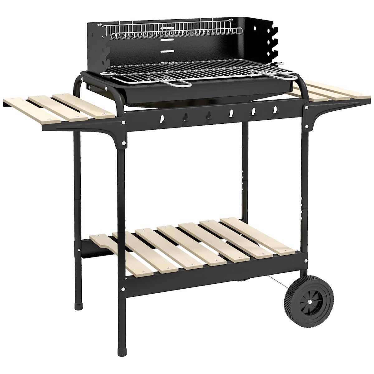 OKWISH Holzkohlegrill Metall Schwarz 103x47x95 cm, höhenverstellbarer Grillrost, 2 Grillroste, Aschefänger, Ablagen und Rollen Image