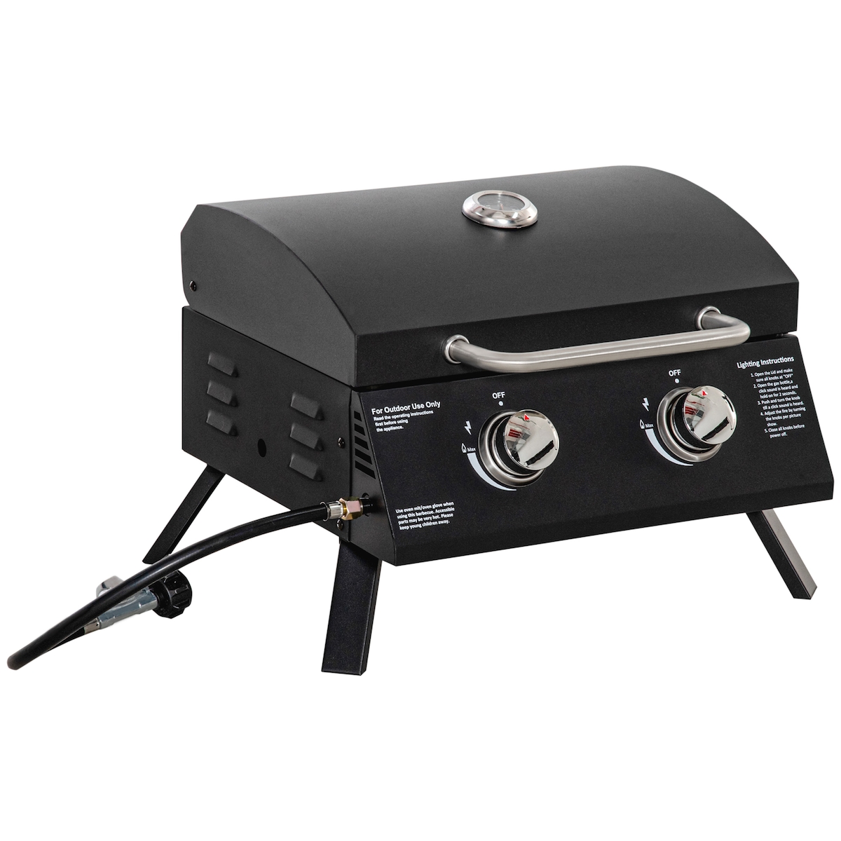 OKWISH Gasgrill Stahl Schwarz 55x46,5x41 cm, klappbar, mit Deckel, Thermometer und 2 Brennern Image