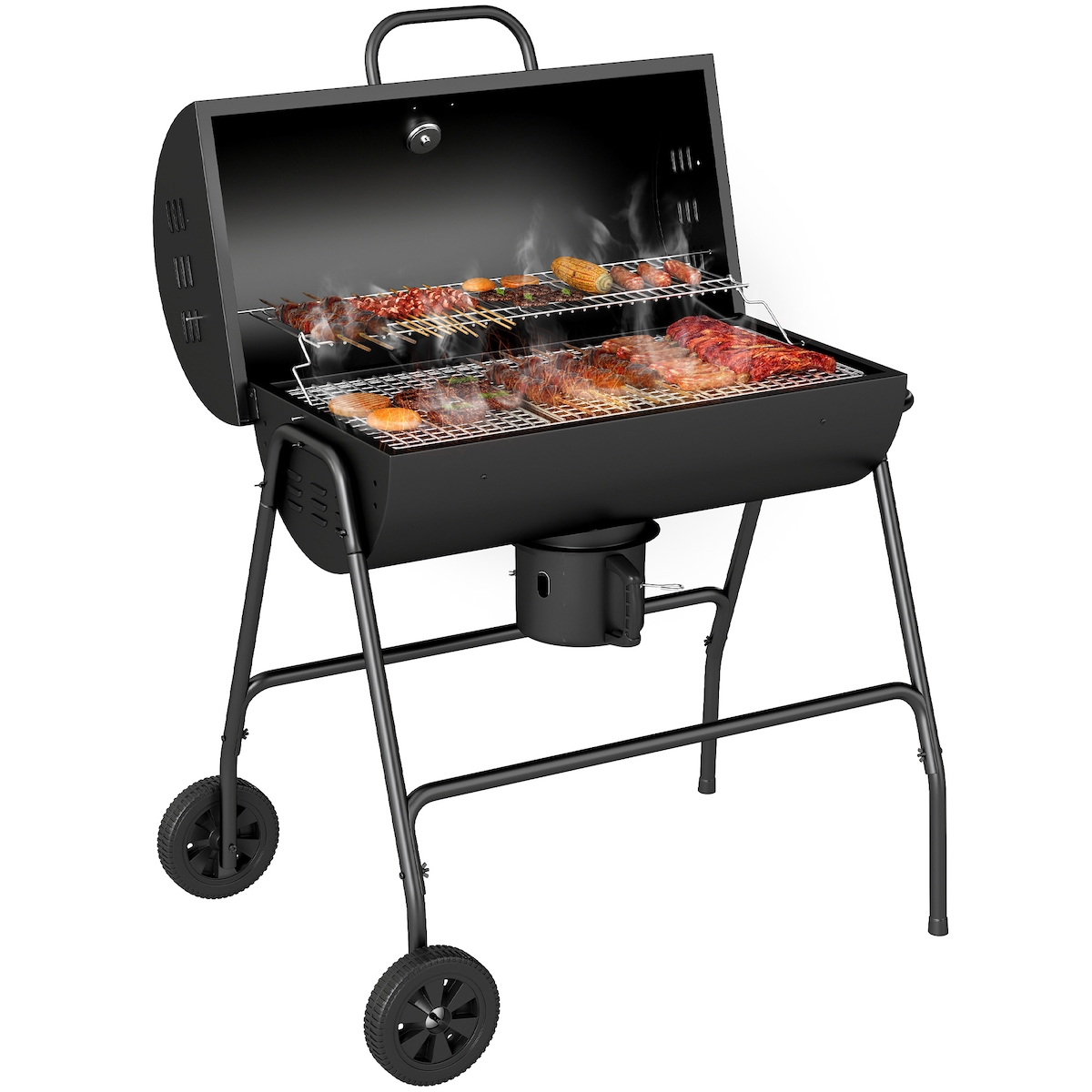 STILVORA Holzkohlegrill Metall Schwarz 95x71,5x102 cm mit Deckel, Thermometer, Rädern Image