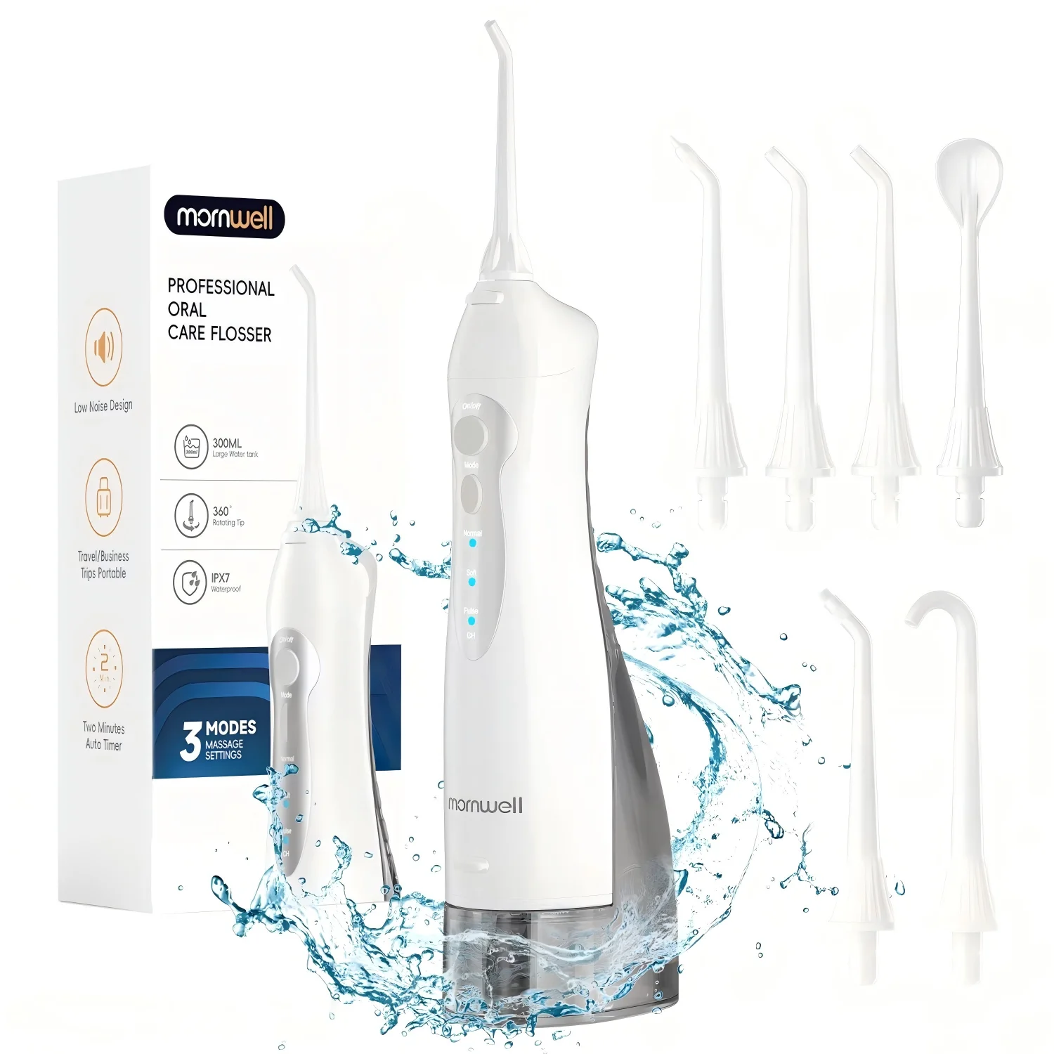 Mornwell Wasserflosser mit 6 Düsen und 3 Modi, Tragbarer Kabelloser D52 Wasserflosser zur Zahnreinigung, IPX7 Wasserdicht, Mundpflegegerät Image