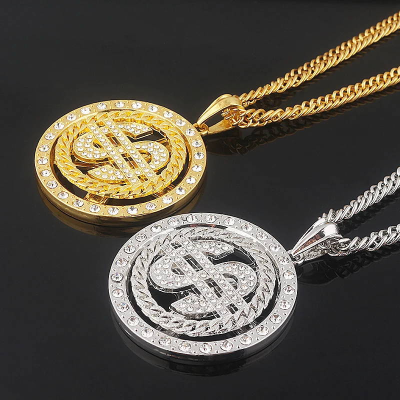 Große drehbare US-Dollar Geld Zeichen Anhänger Halskette Männer Rapper Hip Hop Punk Lange Kette Halskette Frauen Aussage Halskette Geschenk