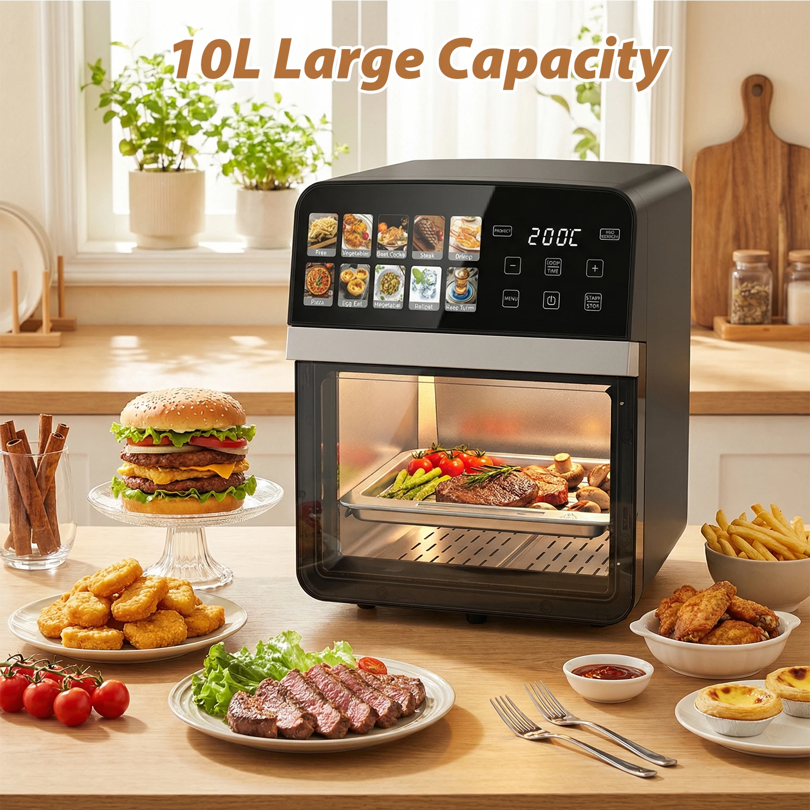 10L Große Kapazität Heißluftfritteuse, 1800W Heißluftofen mit 360° Umlufttechnologie, 80-200°C, Timer, Multifunktionsbackofen mit Touchdisplay für die ganze Familie, ölfreies Kochen für Pizza, Huhn, Pommes Image