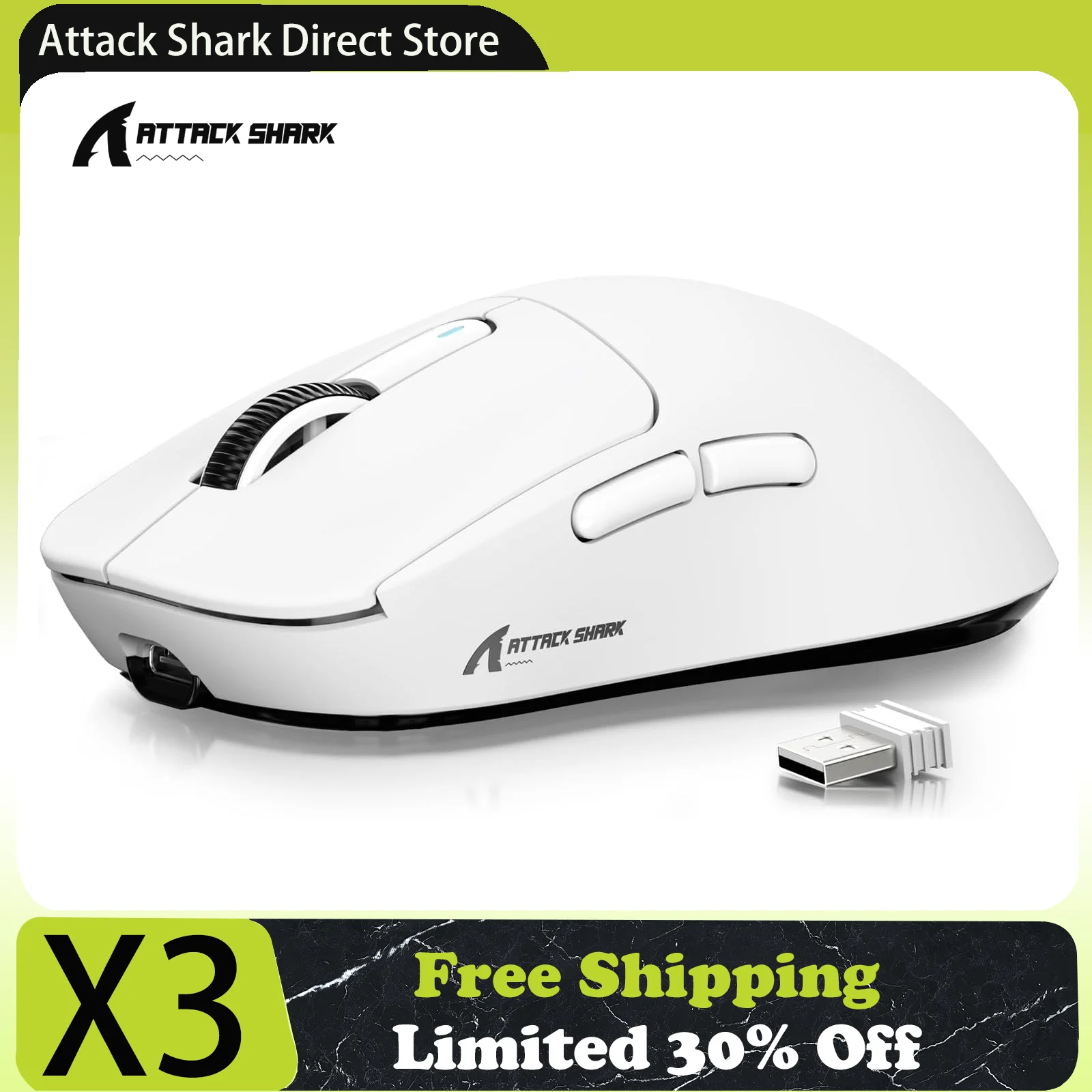 Attack Shark X3/X3PRO 4K/8K Tri-Mode-Gaming-Maus, PixArt PAW3395-Sensor, 26K DPI, 49g Ultraleicht, BT/2,4G Wireless/Kabel, für PC Image
