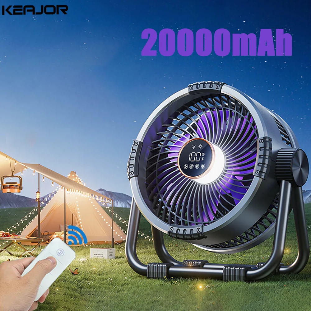 Camping-Ventilator, 20000 mAh, wiederaufladbarer Akku, kabellos, tragbar, Outdoor-Camping-Ventilator, Zelt-Deckenventilator mit Haken und LED-Luftzirkulator Image