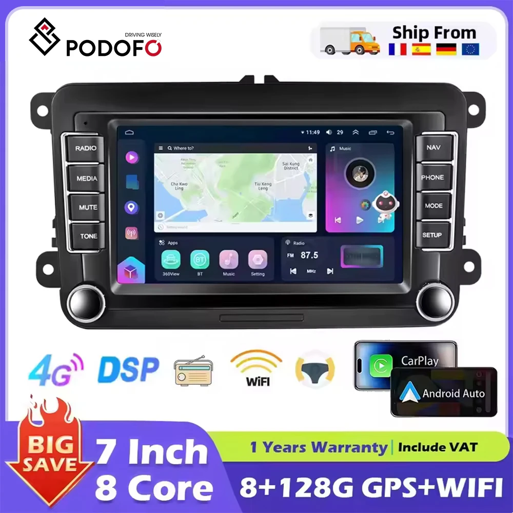 Podofo 6+128G Android 2Din Autoradio Radio Carplay Android Auto mit GPS FM Empfänger AI Stimme DSP für VW Seat Skoda PASSAT GOLF Image