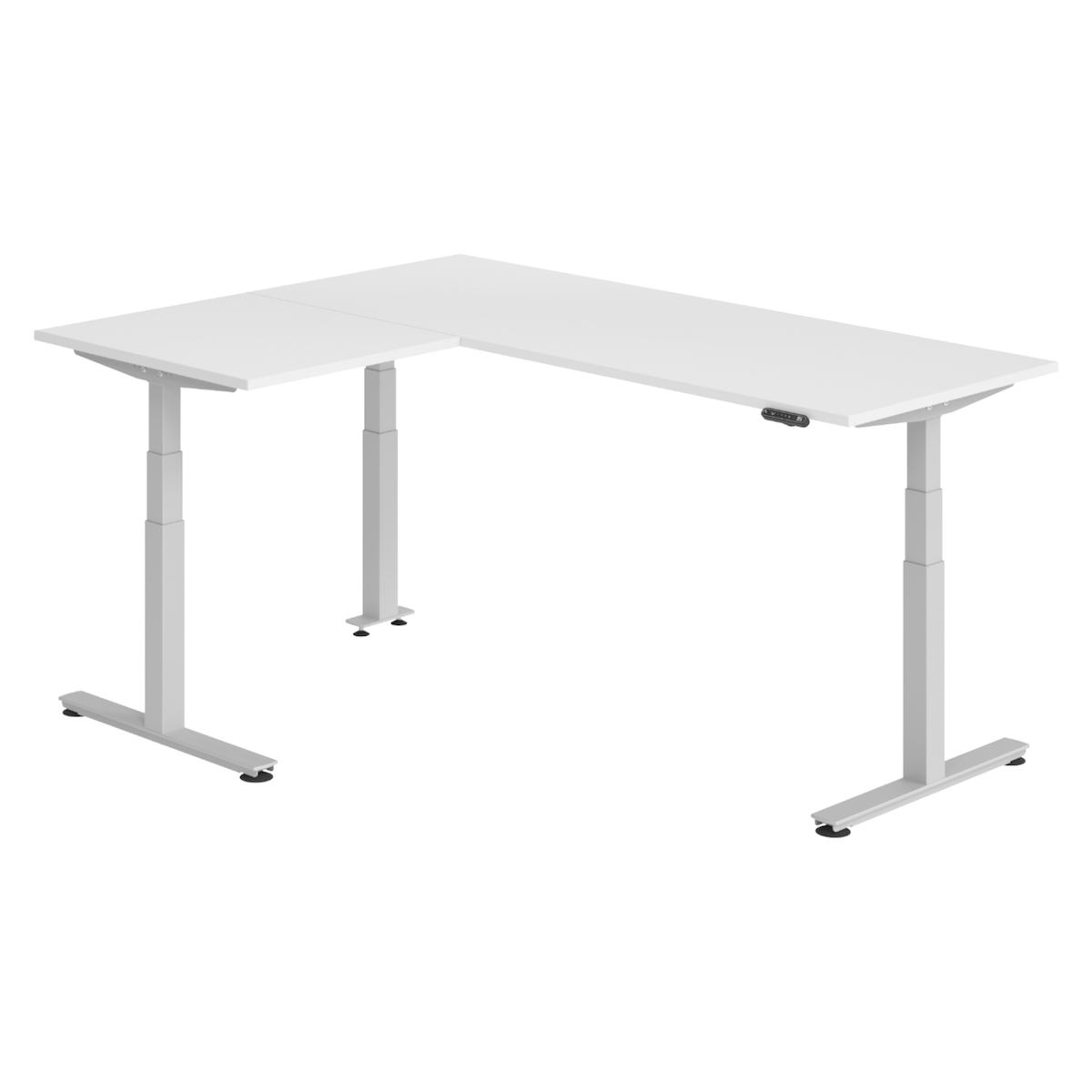 bümö Eckschreibtisch elektrisch höhenverstellbar L-Form: 200 x 160 cm in weiß, Gestell silber - Stehschreibtisch mit Memory-Steuerung, elektrischer Image