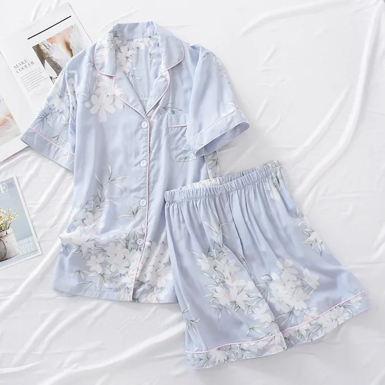 Pyjama d'été pour femmes, ensemble deux pièces avec boucle en viscose, en coton, confortable, short à manches courtes, pour le service à domicile, nouvelle collection