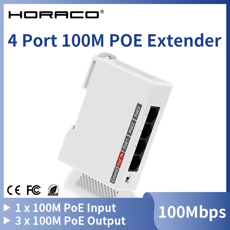 HORACO Répéteur de réseau PoE 4 ports 100M sur rail DIN, Switch Répéteur IEEE802.3af/at Plug&Play pour Switch PoE 48V, NVR, Caméra IP, AP